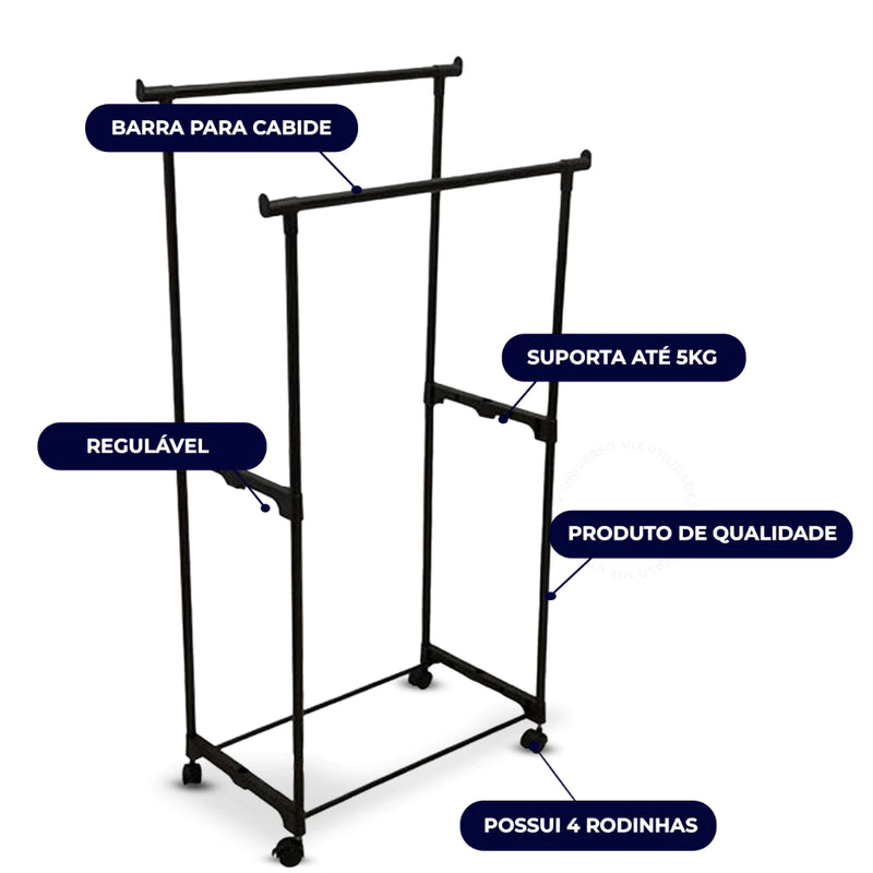 Arara Dupla De Roupas Altura Regulável com Rodinhas