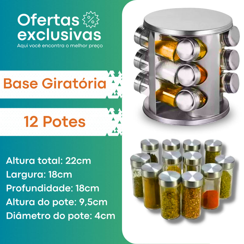 Porta Tempero Giratório Inox 12 Potes Com Suporte Giratorio