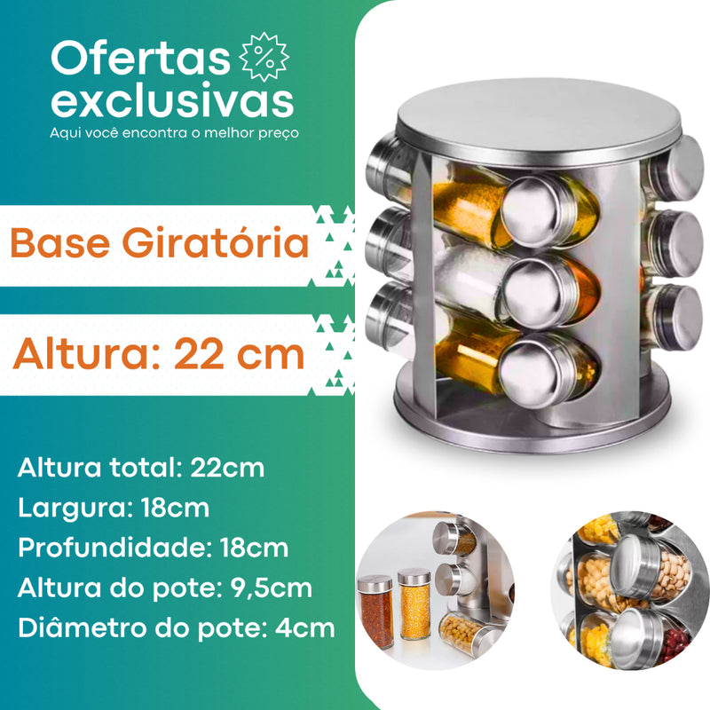 Porta Tempero Giratório Inox 12 Potes Com Suporte Giratorio