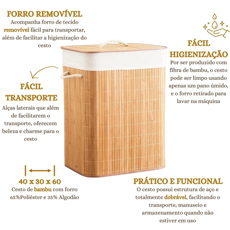 Cesto de Roupa Suja 70 LITROS de Bambu c/ Tampa Retangular Forrado