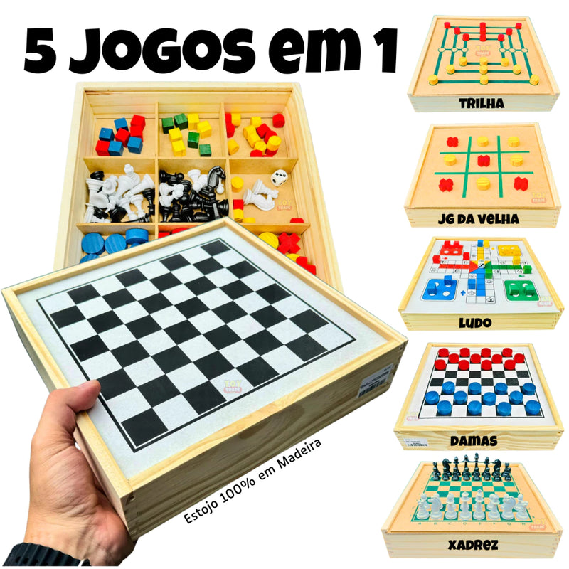 Jogos de Mesa 5x1 Xadrez, Dama, Ludo, Trilha, Jogo da Velha Educativos