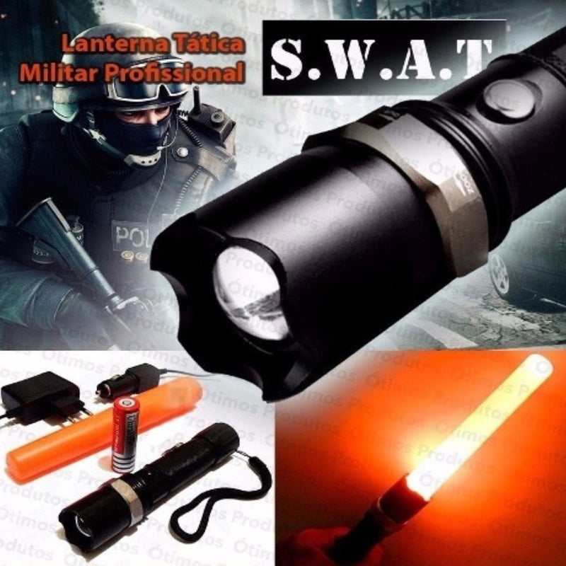 Lanterna Tática Militar Swat LED + Bastão Emergência Super Potente Alta Durabilidade.